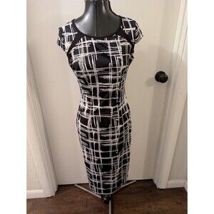 Lunajany Womens Sheath Dress Black White Geometric Abstract Print Cap Sleeve S